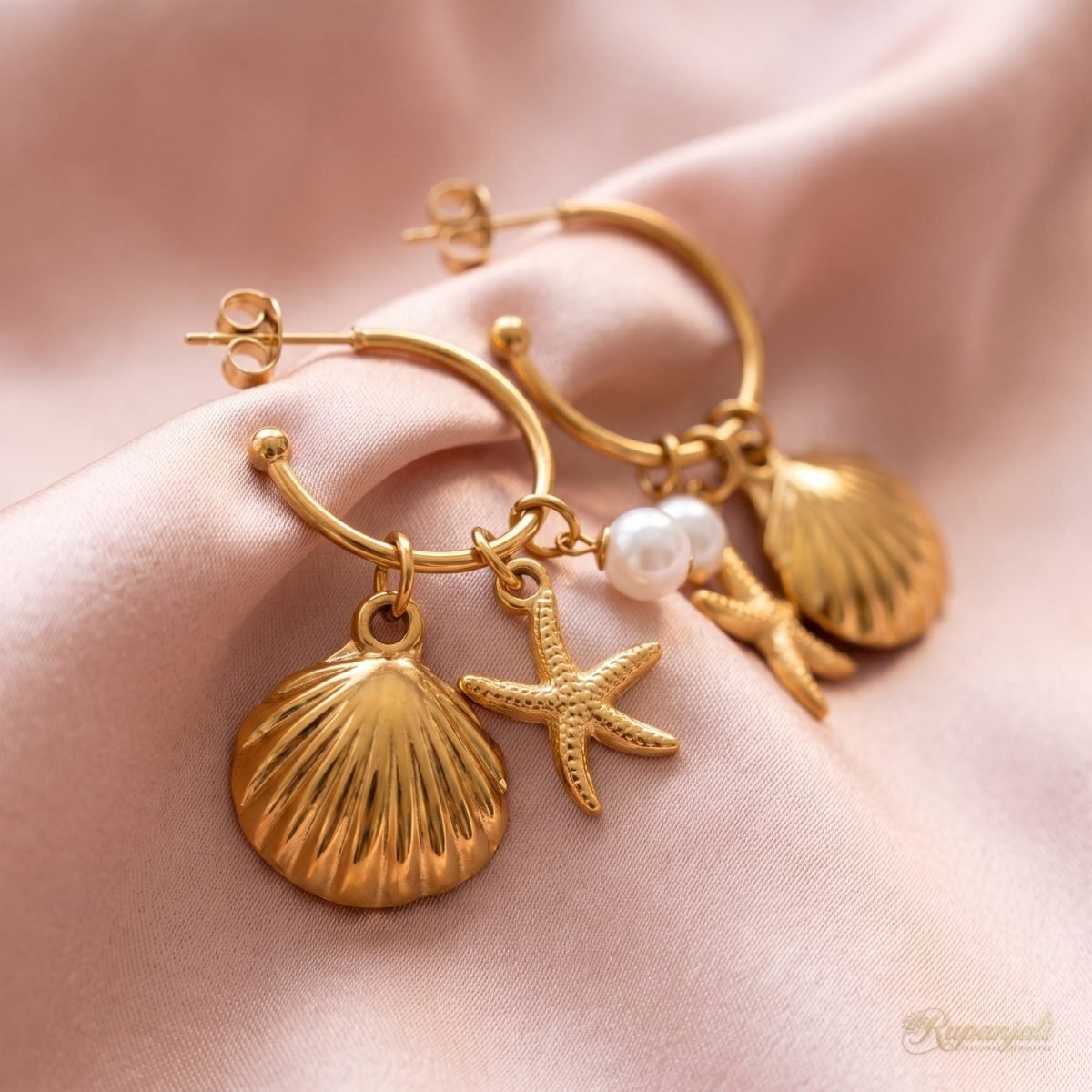 Gold Shell Starfish Pearl Hoop Earrings — Ocean Charms 4