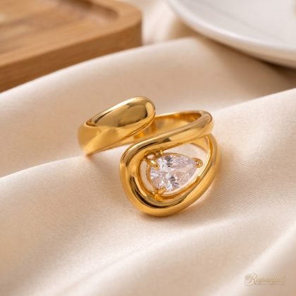 Gold Hollow Zircon Open Ring — Sculpted Pear Drop Statement