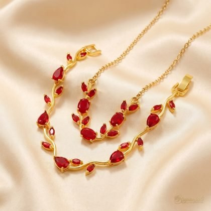 Red Zircon Branch Jewellery Set — Necklace & Bracelet