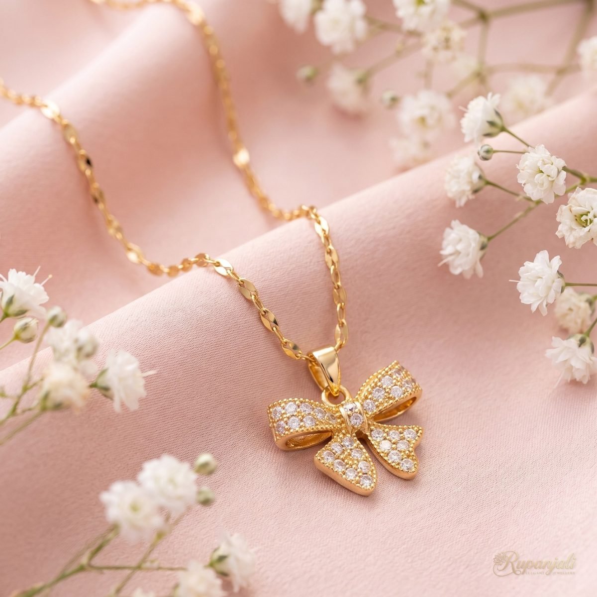 Gold Bow Pendant Necklace with Cubic Zirconia for Women 3