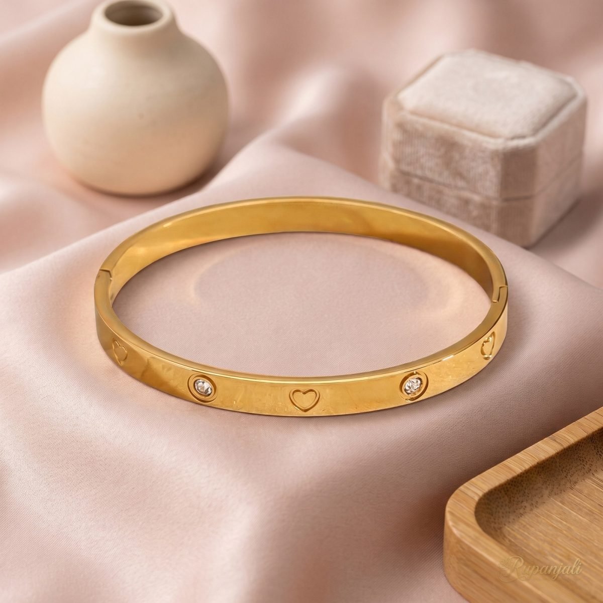 Gold Heart Love Bangle Bracelet for Women with CZ Stones 2