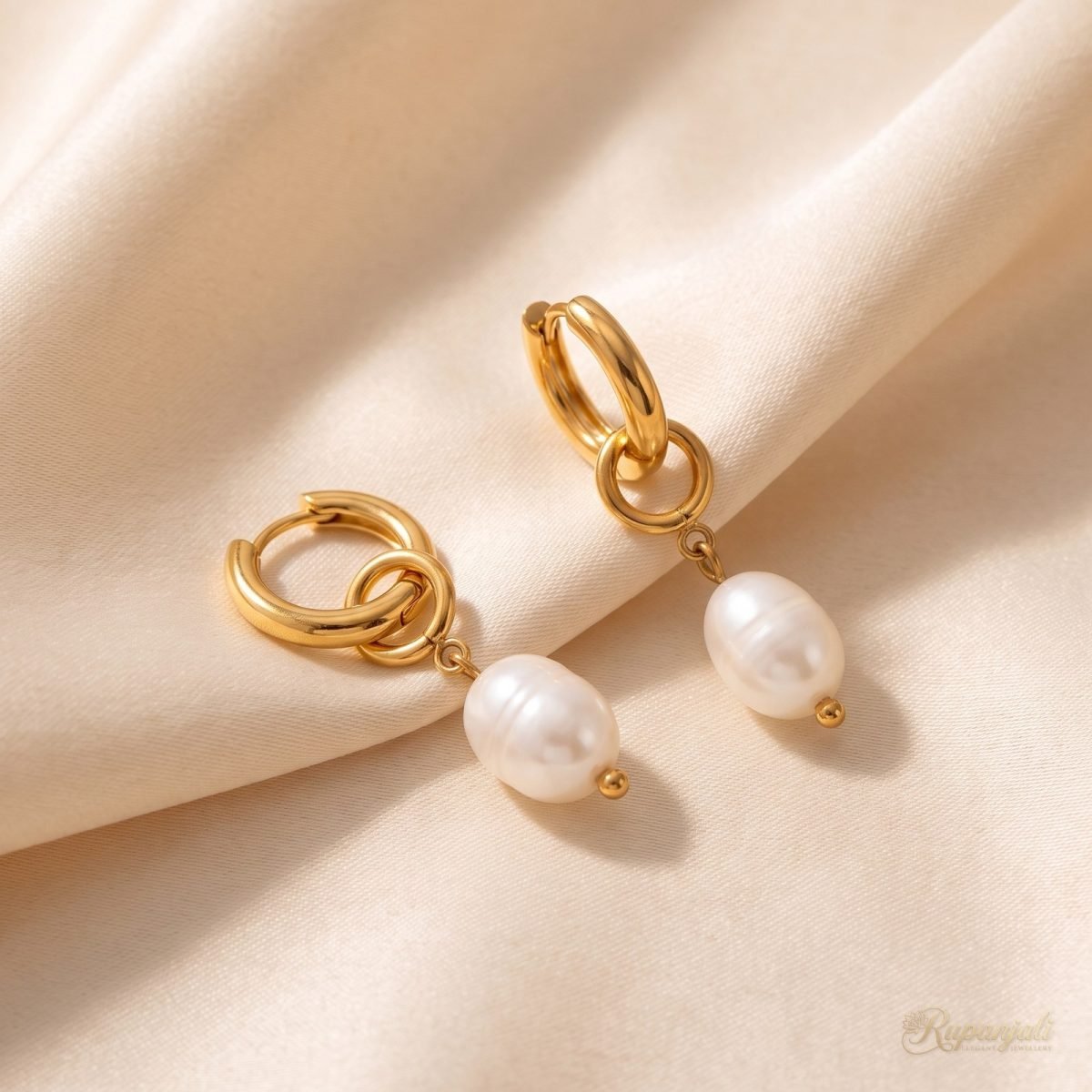 Gold Freshwater Pearl Drop Earrings for Women — Huggie Hoops 1