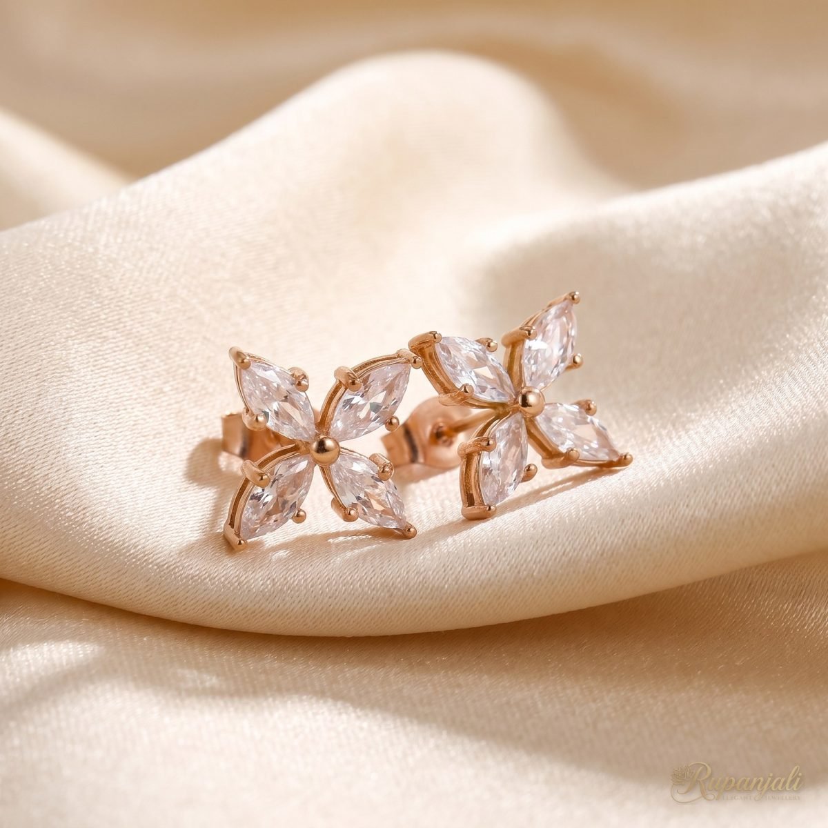 Rose Gold Flower Stud Earrings with Marquise CZ for Women 2
