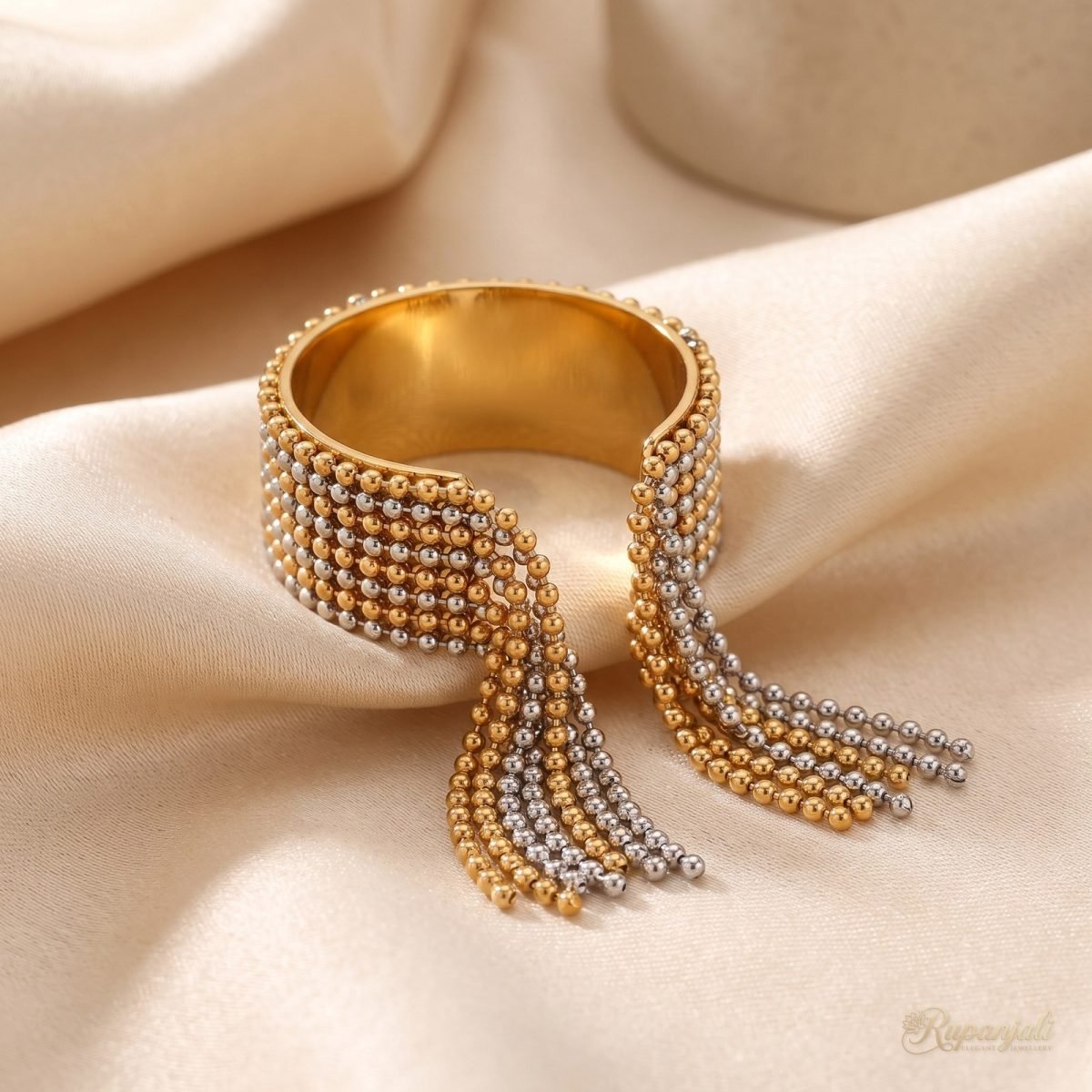 Two-Tone Tassel Bead Ring — Gold & Silver Fringe Statement 1