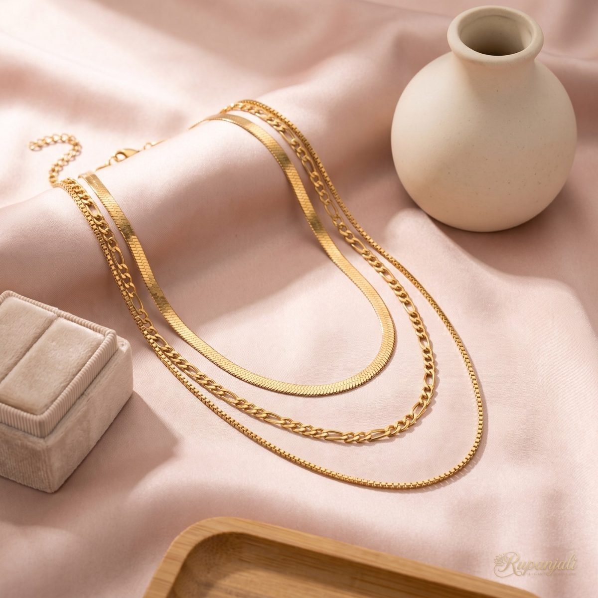 Gold Triple Layer Chain Necklace — Herringbone Figaro Box 2